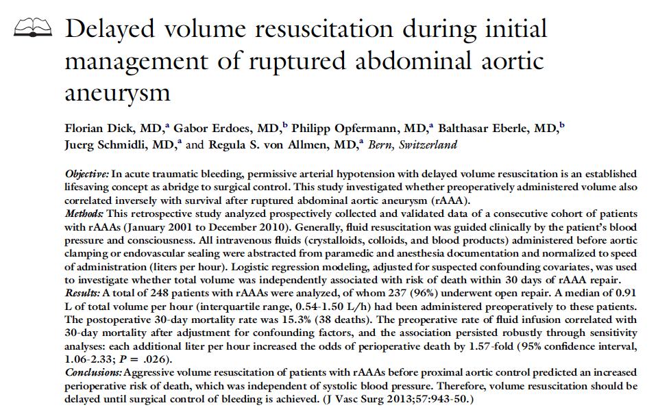 Aggressive volume resuscitation of patients with raaas before proximal aortic control predicted an increased perioperative risk of death, which was