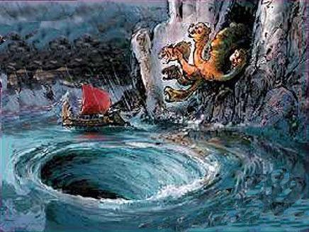men. Later, stranded on a raft, Odysseus was swept back through the strait to face Scylla and Charybdis once more.