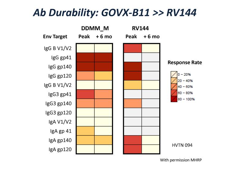 GOVX-B11 and RV144 both elicited essentially % response rates for Env-specific Ab of the IgG1 subgroup of IgGs (Figure 6). IgG1 is a favorable subgroup for initiating cellmediated killing.