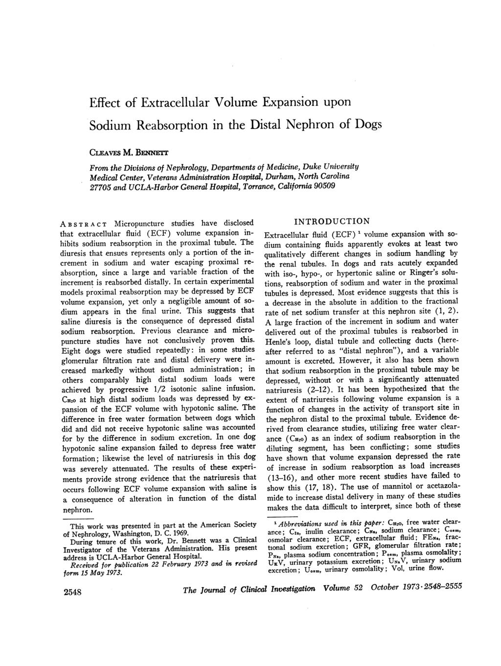 Effect of Extracellular Volume Expansion upon Sodium Reabsorption in the Distal Nephron of Dogs CiEAVES M.