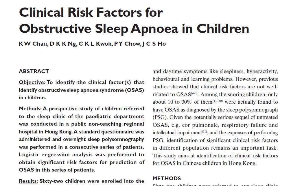 Clinical Risk Factors for Pediatric OSA Chau KW,