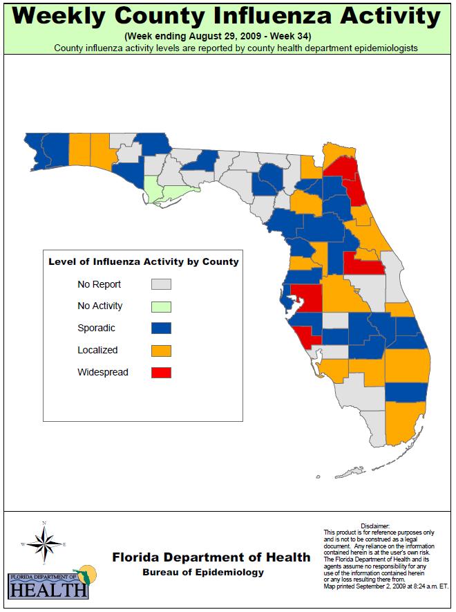 County Influenza Activity based on Surveillance Reports Based on number of outbreaks reported, ILI