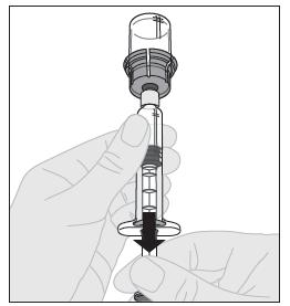 Slowly pull on the plunger rod to draw back all the solution through the vial adapter into the syringe. 15.