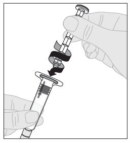 Hold the vial adapter in its protective cap and place it squarely over the top of the vial.