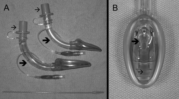 Figure 1. The air-q Intubating Laryngeal Airway (ILA). A, Lateral view of the size 1.5 (top) and 2.0 (middle) ILA, and removal stylet (bottom).