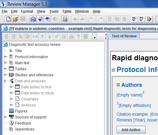 PART I 3 Starting RevMan Launch Review Manager by double clicking on the RevMan file titled Pf malaria in endemic countries - example.