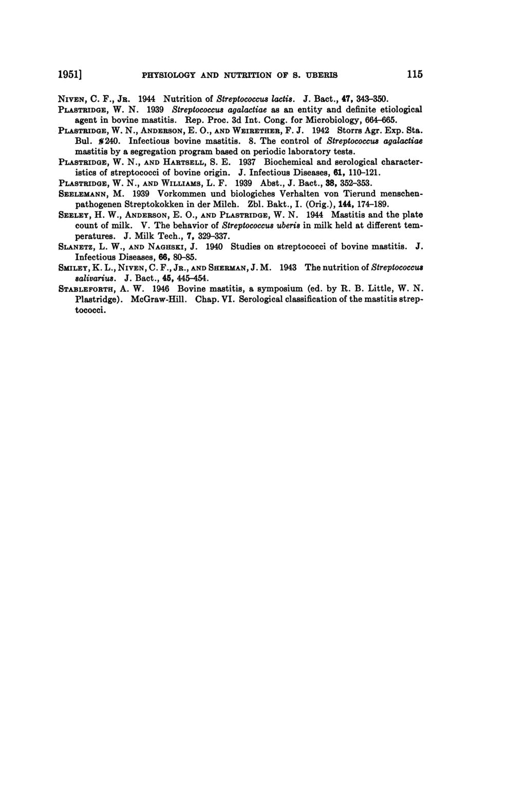 1951] PHYSIOLOGY AND NuTRITION OF S. UBERIS 5 NIVEN, C. F., JR. 1944 Nutrition of Streptococcus lactis. J. Bact., 47, 343-35. PLASTRIDGE, W. N. 1939 Streptococcus agalactiae as an entity and definite etiological agent in bovine mastitis.