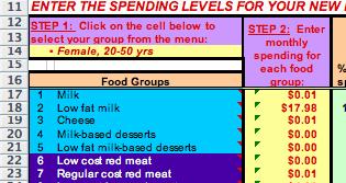 Step 2: Choose monthly spending levels for the 58 food groups. The default values that appear in the original file are the monthly spending values according to the official USDA TFP.