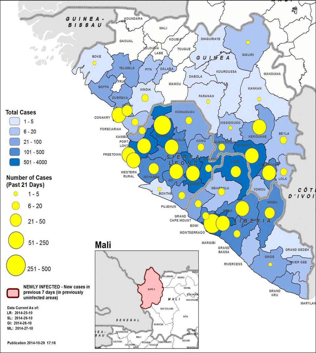 Update of Ebola Situation as of 27 October 2014 There have been 13 703 EVD cases, with 4 920 deaths, up to the end of 27