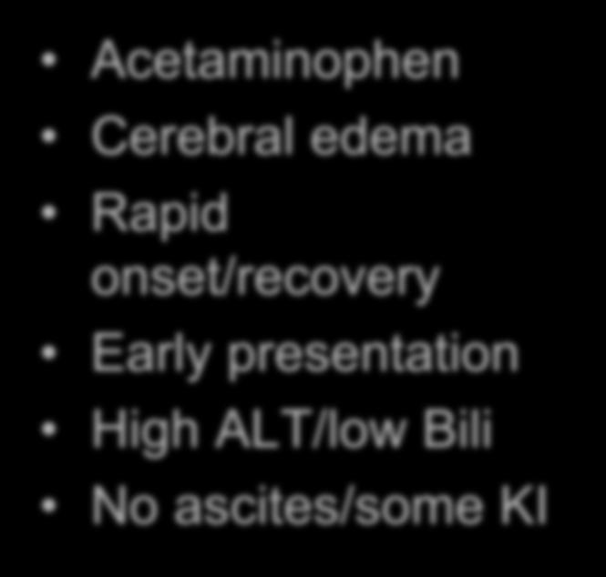 idili/aih/hep B/Indeter No cerebral edema Slow onset/poor recovery Late presentation Low ALT/High