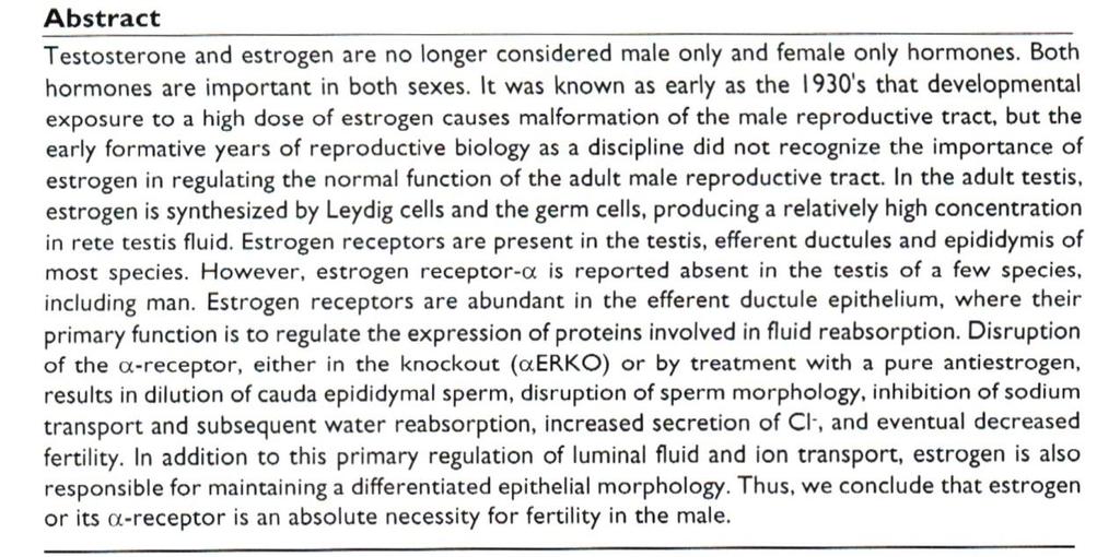 Estrogen in adult male reproductive tract; A review, (Reproductive Biology and Endocrinology: 2003, 1:52) Clinical Assessment of Testosterone Produced in the testes of males Produced in the adrenal