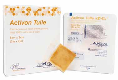 Activon Manuka Honey Tulle A knitted viscose mesh primary dressing impregnated with 100% medical grade Manuka honey Creates a moist healing environment and effectively eliminates wound odor Allows