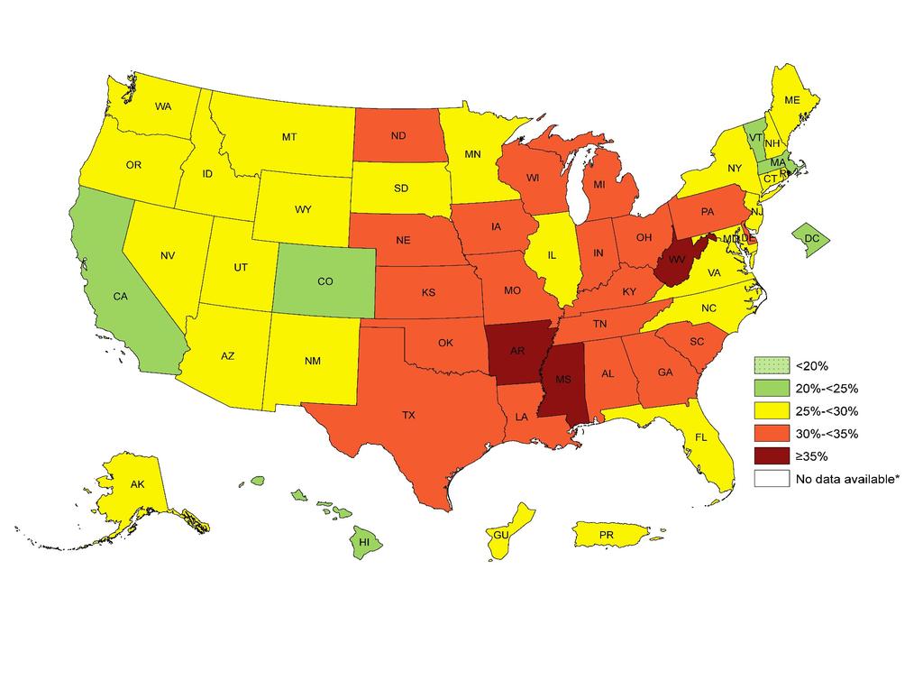 Prevalence of Self-Reported Obesity Among U.S. Adults by State and Territory, BRFSS, 2014 Prevalence estimates reflect BRFSS methodological changes started in 2011.