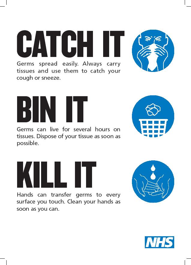 Respiratory & Hand Hygiene The Department has run a campaign which includes widespread ambient advertising promoting CATCH IT, BIN IT, KILL IT, appearing on buses, trains and tubes and in offices and
