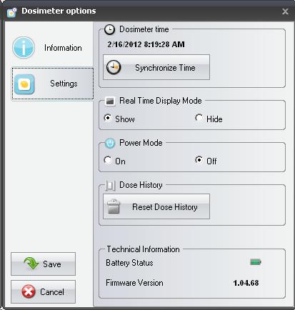 Figure 6. Dosimeter options, settings tab In the Settings tab you can: View and synchronize the dosimeter s clock with the computer s clock.