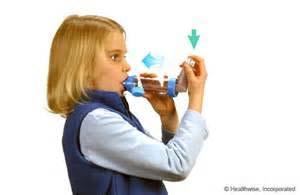 mouth, put the mouthpiece between teeth and close lips around it Press the top of the inhaler once Breathe very slowly until a full breath has been taken.