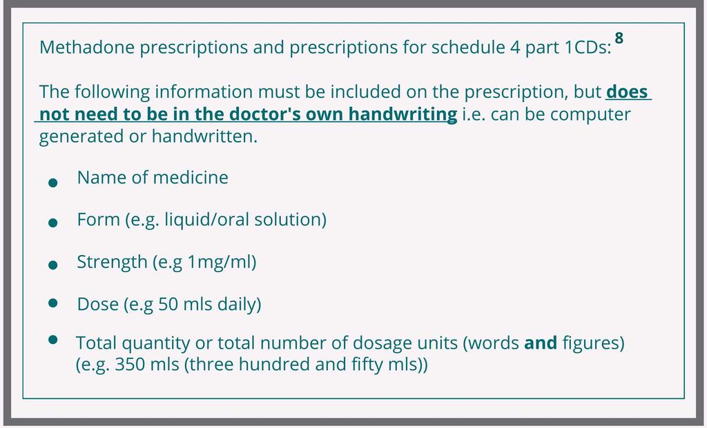 9. Methadone Prescriptions and Prescriptions for Schedule 4 Part 1 CDs Methadone Prescriptions and Prescriptions for Schedule 4 Part 1 CDs Note: An example