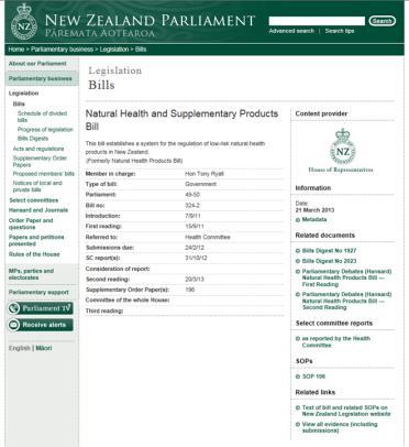 Developments in regulation of NHPs Became the Natural Health and Supplementary Products Bill November 2015: Consultation documents released on draft proposals for Natural Health & Supplementary
