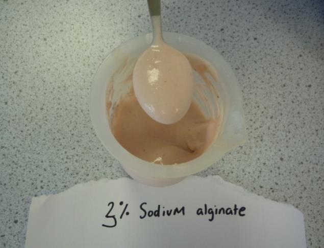 Key findings: yoghurt 2-3% sodium alginate Thicker, grainy texture and astringent, acidic taste A tropical flavour (compared with natural & strawberry)