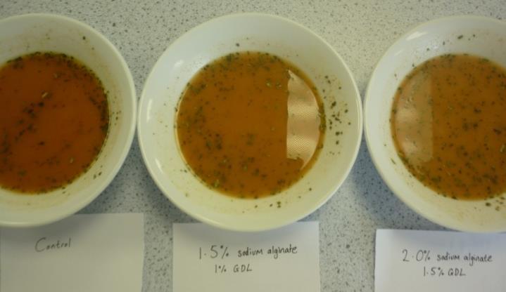 Key findings: powdered tomato soup 1.5-2% sodium alginate Fully incorporated & taste was acceptable Some loss of tanginess and sweetness Flavour restored by 1-1.
