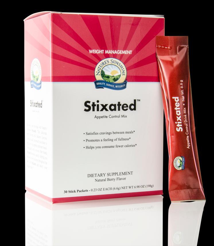 Stixated Appetite Key Benefits Satisfies cravings between meals* Promotes a feeling of fullness* Helps you consume fewer calories* Key Ingredients Garcinia Cambogia Chromium Picolinate Fiber (3g)