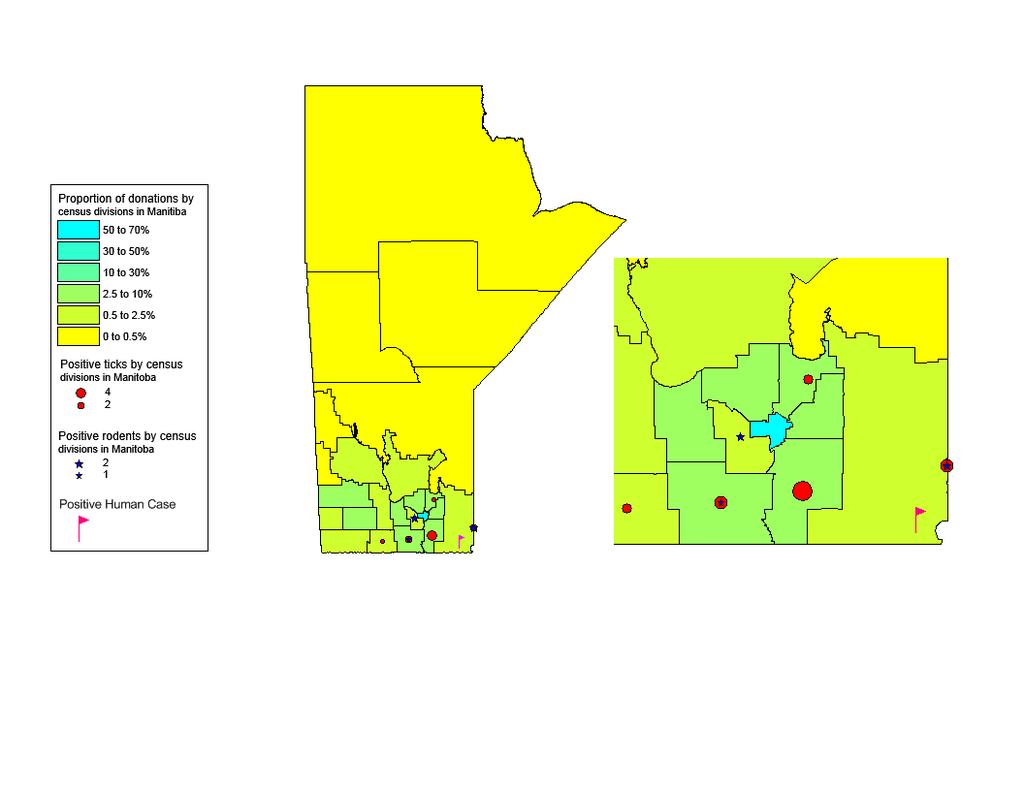 Positive ticks and rodents with proportion of CBS donations by census divisions in Manitoba* *Map courtesy of Robbin Lindsay, National Microbiology Laboratory, Public Health Agency of Canada 11 What