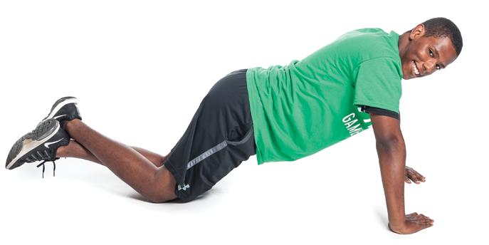 Strength Plank from Knees 1. Start on your hands and knees. 2. Walk your hands forward. Lower your hips until your body is a straight line from your shoulders to your knees. Put your feet in the air.
