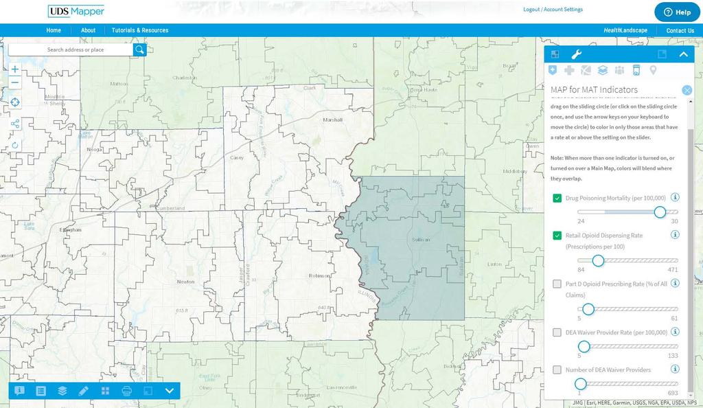 How to Identify Opioid Intervention Opportunities in the UDS Mapper 24 Compare Indicators Turn the opioid dispensing rate indicator back on and look for overlap to find cold spots of need based on