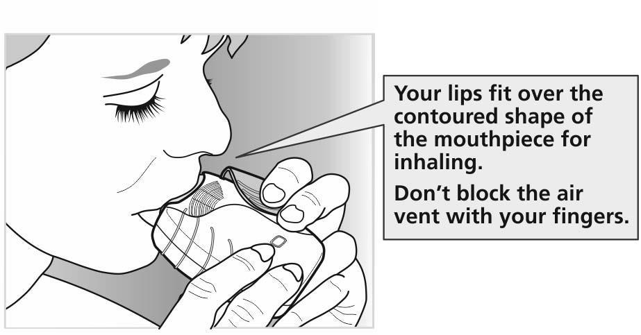 2) Inhale your medicine While holding the inhaler away from your mouth, breathe out as far as is comfortable. Don t breathe out into the inhaler.