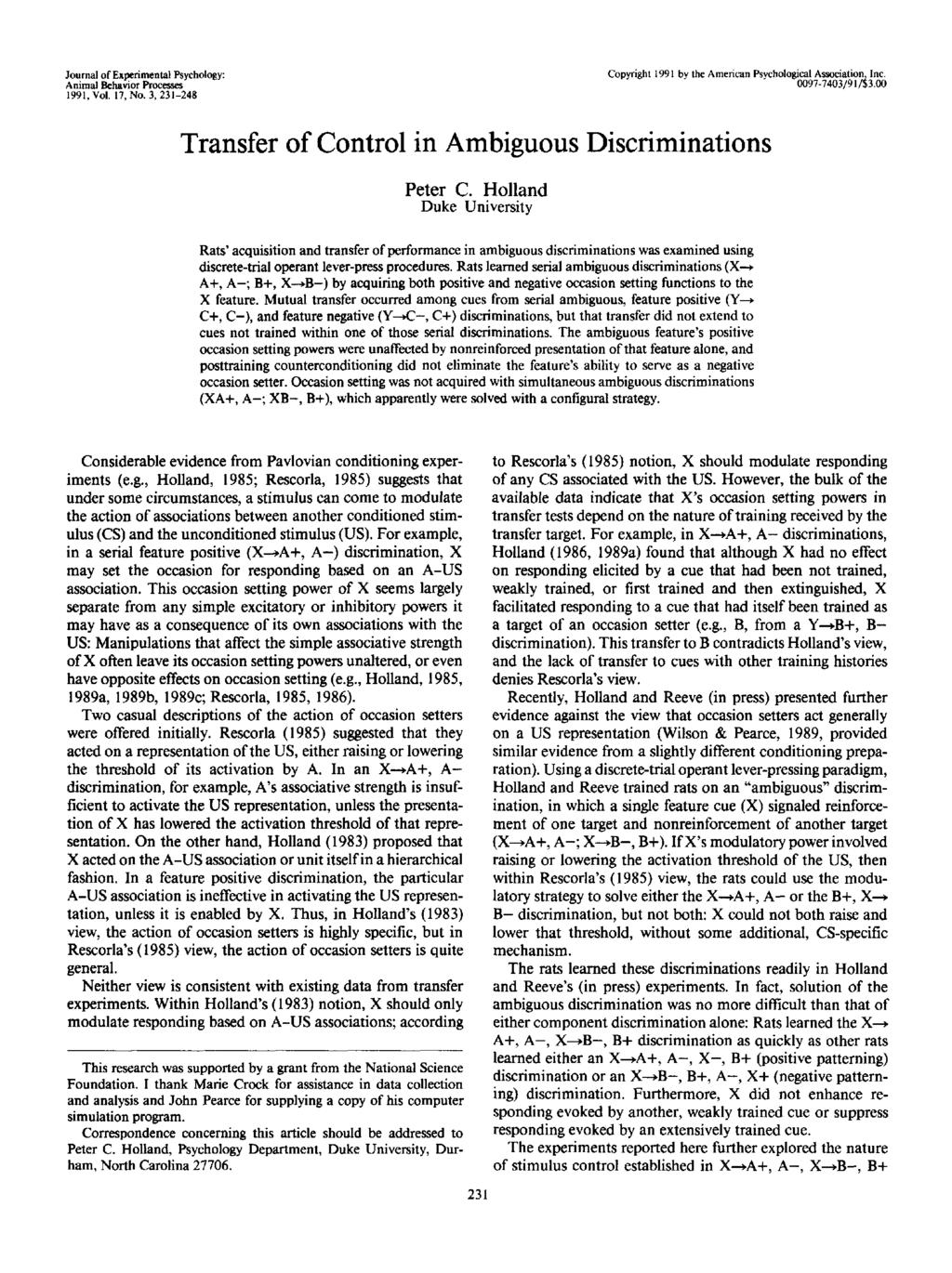 Journal of Experimental Psychology: Animal Behavior Processes 1991, Vol. 17, No. 3, 231-248 Copyright 1991 by the Am n Psychological Association, Inc. 0097-7403/91/53.