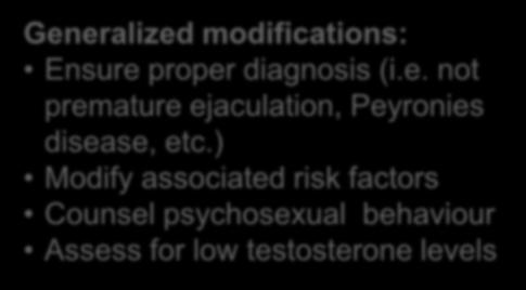 ) Modify associated risk factors Counsel psychosexual behaviour Assess for low testosterone levels 1.