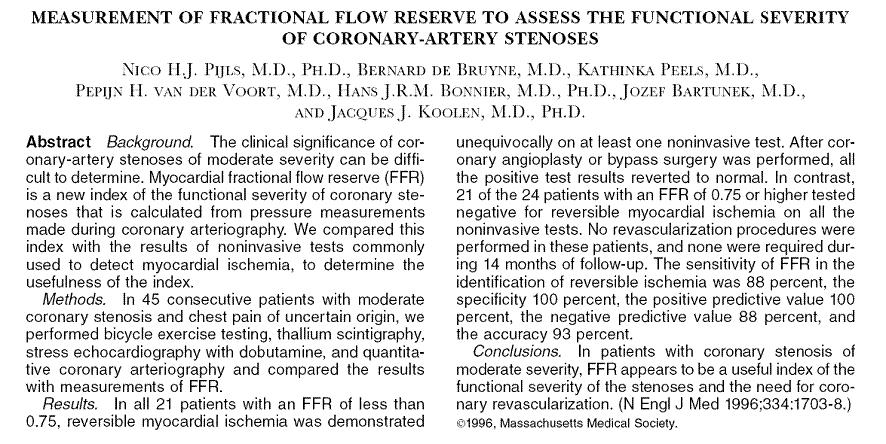 1996 NEJM Article FFR = P dist /P aorta < 0.