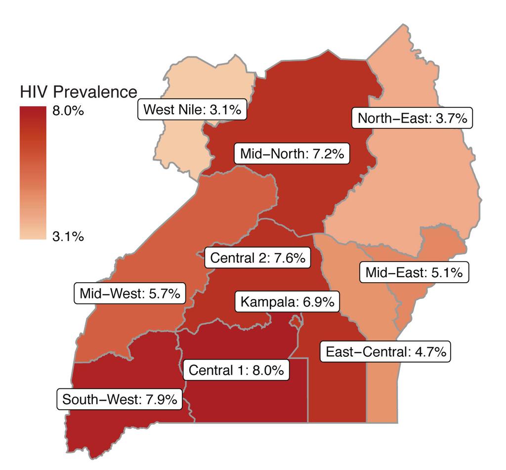 The annual incidence of HIV among adults aged 15 to 64 in Uganda was 0.40%: 0.46% among females and 0.