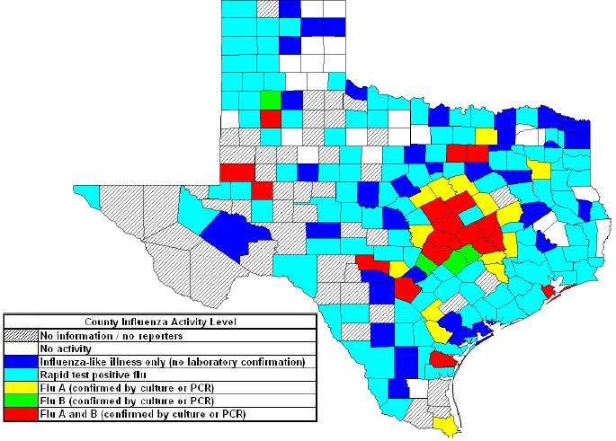 Texas and National Influenza and ILI Activity Map 2: Texas County Specific Influenza Activity, 50 Influenza activity level corresponds to current MMWR week only and does not reflect previous weeks'