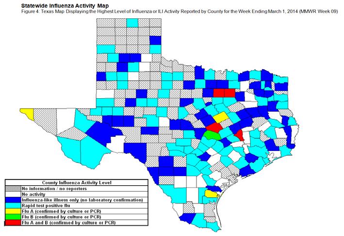 Texas and National Influenza and ILI Activity Map 2: Texas County Specific Influenza Activity, 09 Influenza activity level corresponds to current MMWR week only and does not reflect previous weeks'