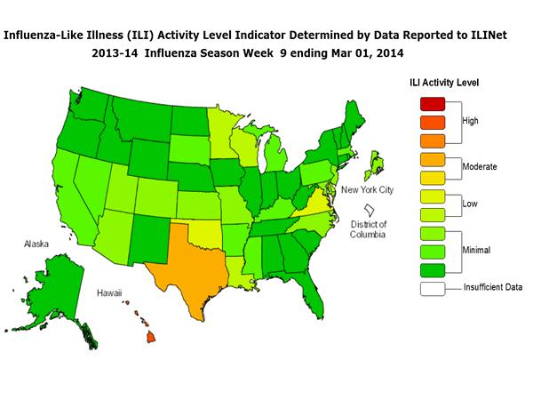 This map contains data from sentinel sites and does not represent all influenza cases in the state.