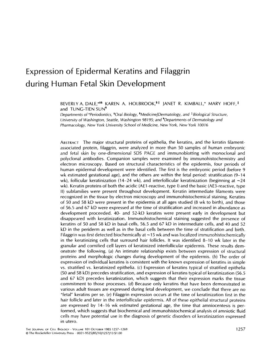 Expression of Epidermal Keratins and Filaggrin during Human Fetal Skin Development BEVERLY A. DALE, **~ KAREN A. HOLBROOK, ~tl JANET R.