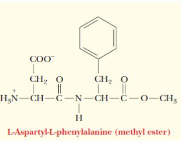 6) Aspartame (L-Aspartyl-L-phenylalanine / methyl ester) It is a dipeptide (L-aspartic acid and L-phenylalanine). The carboxyl end of phenylphthaline is modified by a methyl group.
