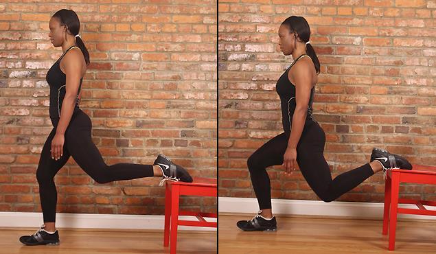 To do it, place a six-inch or taller step, chair, or bench a few feet behind you. Reach your left leg back and place the top of your left foot on top of the step.
