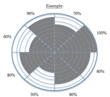 Using the circle, shade your level of satisfaction in each area as it relates to you. For example, if you are extremely happy in your career, shade the entire pie shape for career.