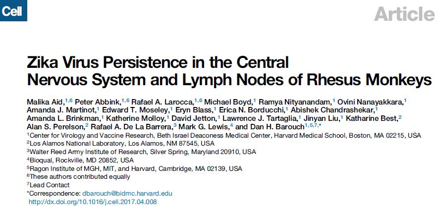 Persistence of ZIKV in CNS and lymph nodes in NHPs Viremia cleared quickly by day 10 Viral RNA detected