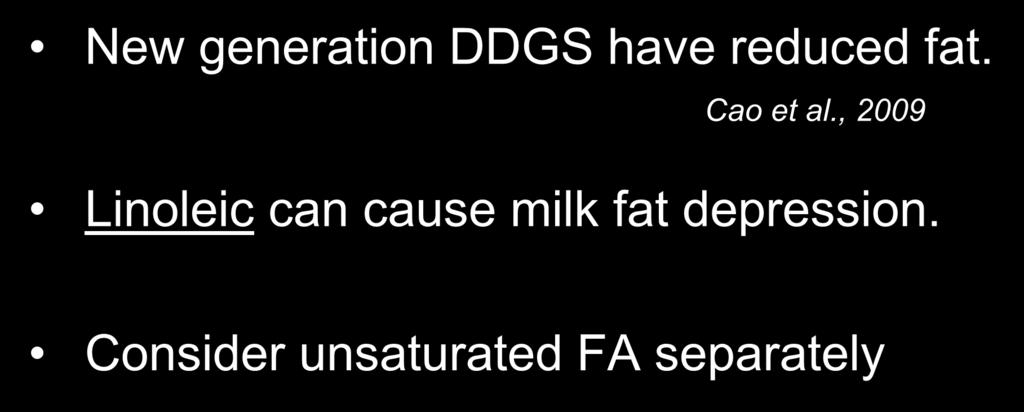 Fat and fatty acids New generation DDGS have reduced fat. Cao et al.