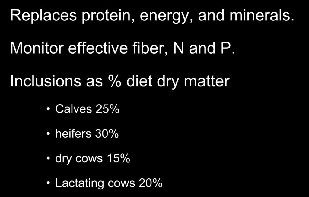 Conclusions Replaces protein, energy, and minerals. Monitor effective fiber, N and P.