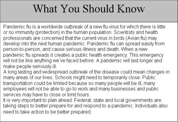 YOUR GUIDE TO PREPARING FOR PANDEMIC FLU Because of the potential for a pandemic flu, the Millburn Health Department wants you to know more about this possible health threat.