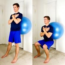 Exercise Ball Wall Squat Start in standing while leaning your low back up against an exercise ball on a wall. Place your feet shoulder width apart, toes slightly turned outward.
