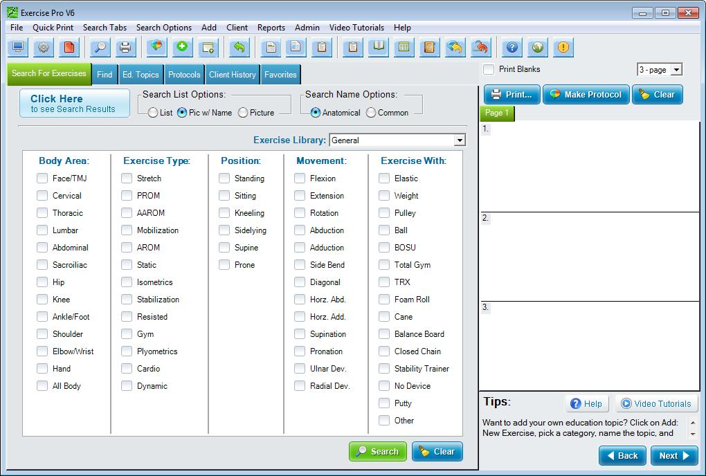 Figure 1. The Exercise Pro Interface The Search Interface section contains tabs to help you quickly find the information you need.