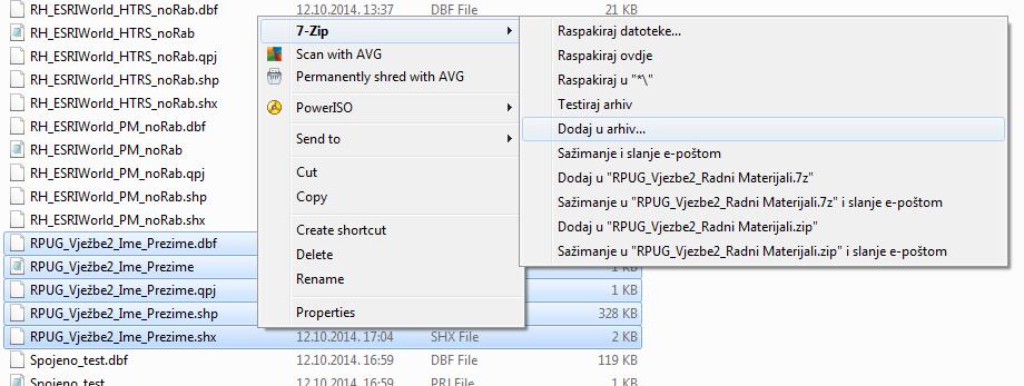 16. Zapakirajte cijeli shapefile RPUG_Vjezbe2_Ime_Prezime u.zip datoteku (pripazite da zajedno zapakirate sve datoteke sa time nazivom, trabalo bi ih biti 5 vidi sliku dolje) Nazovite.
