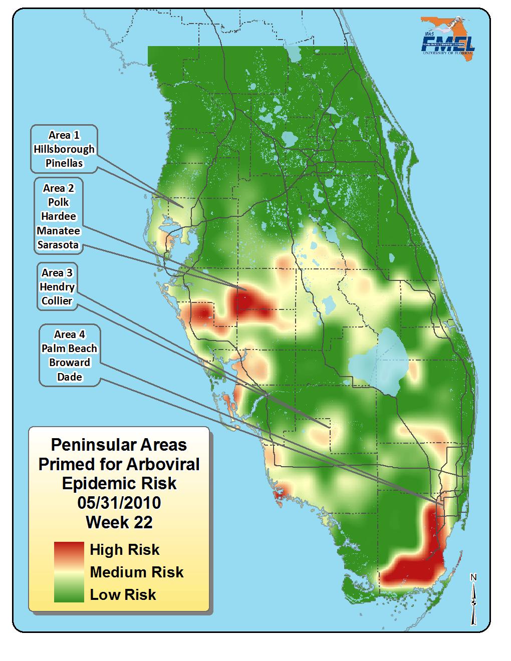 Figure 5. Map of peninsular Florida indicating areas at high risk (highlighted in red) for arboviral amplification (SLEV and WNV).