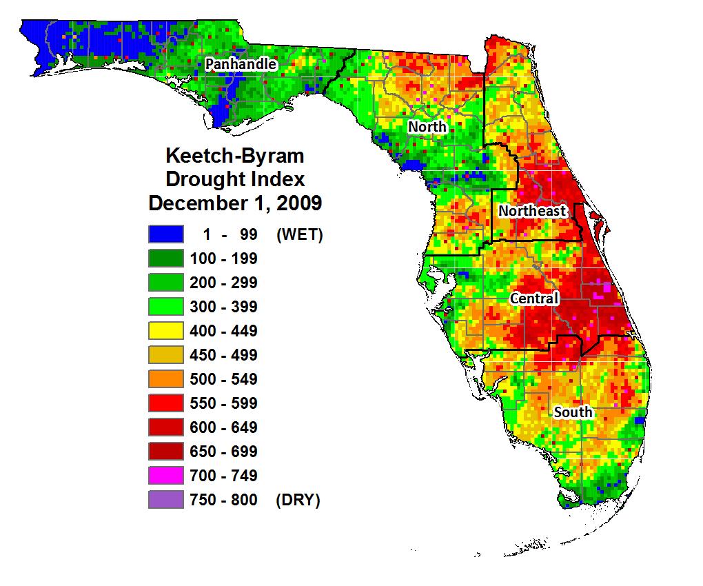 Figure 7. Averaged monthly Keetch-Byram Drought Index values (at a 4.0 km 2 resolution) reported in Florida between November 1, 2009 and April 20, 2010.