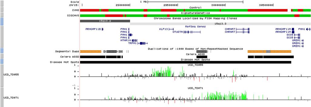 a) TDMA_55 HS1.0 b) HS1.0 TDMA_71 Figure 15: a) An atypical duplication that encompassed KLF13 gene has never been observed in any controls.